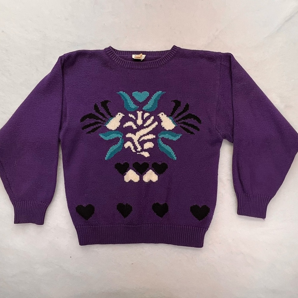 Vtg 90s Streetwear Womens Large Fairy Kei Kawaii Heart Dove Flower Knit‎ Sweater